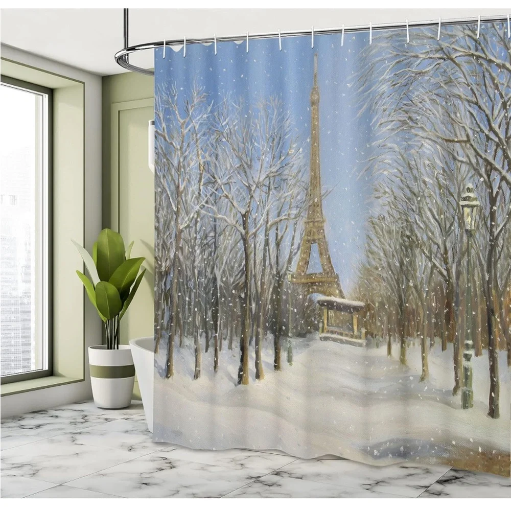 Country Shower Curtain, Winter Scene Eiffel Decor Set with Hooks, 69